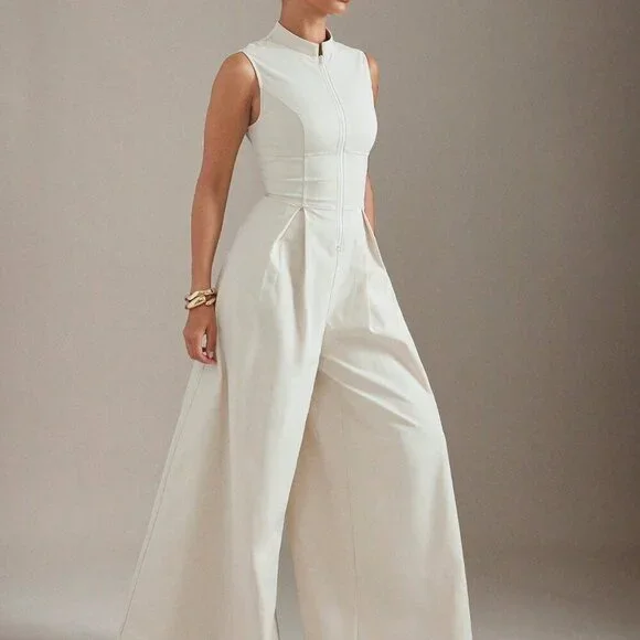 Apricot Elegant Women's Extreme Wide Leg Zip Front Sleeveless Jumpsuit